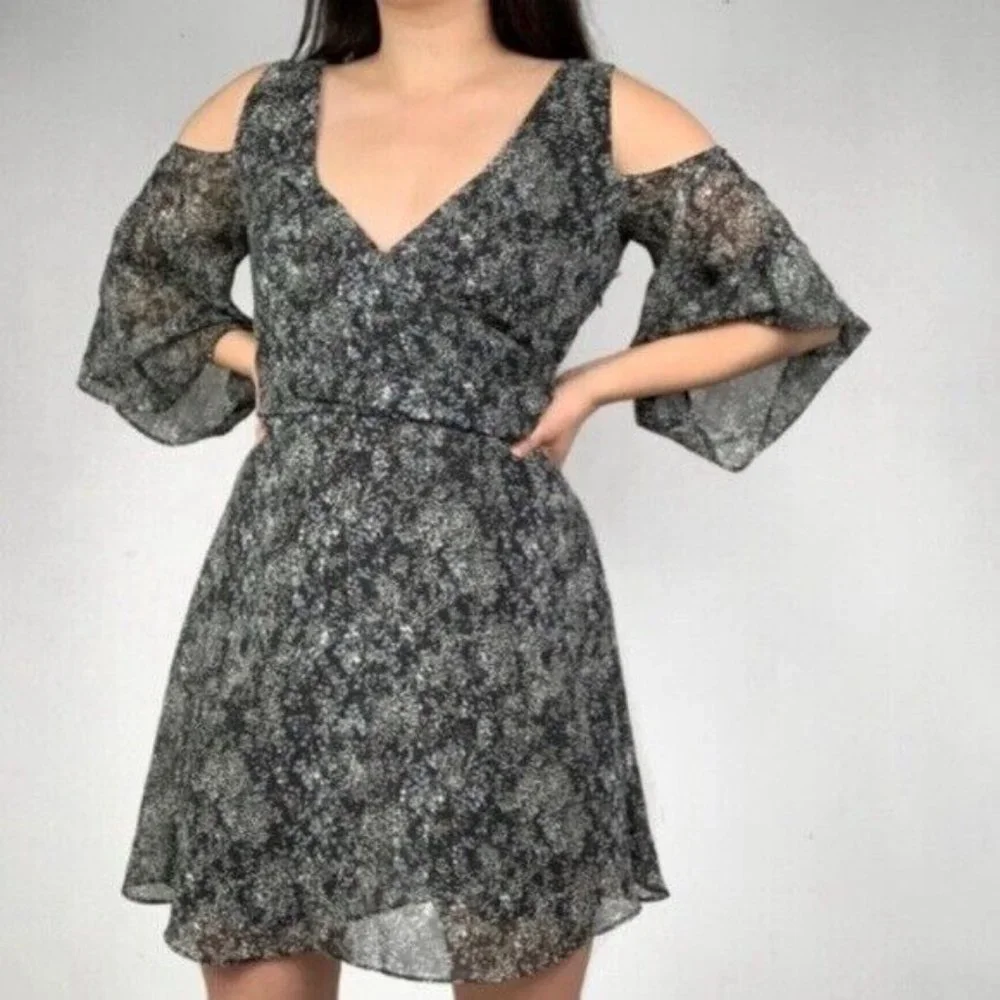 Zara Dress Black White Snake Print V Neck Cold Shoulder Mini Boho